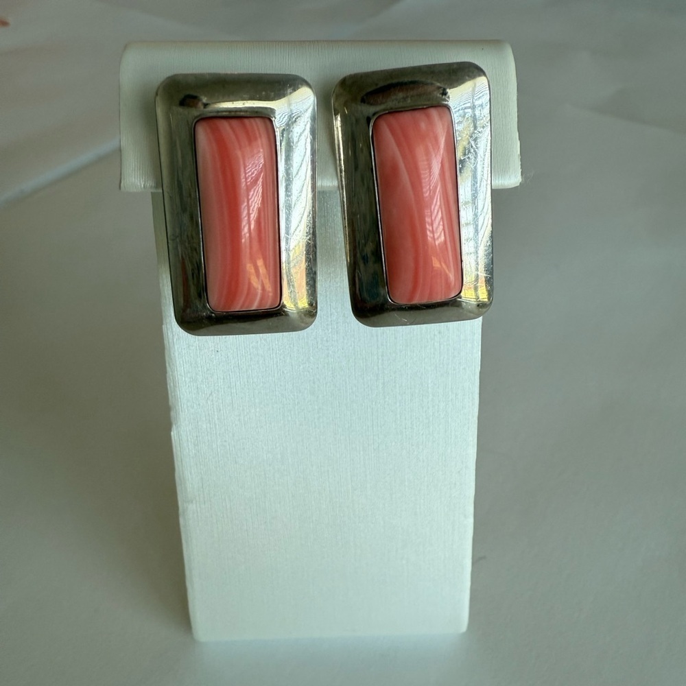 Vintage Sterling Silver Pink Coral Rectangular Stud Earrings – PS Hallmark - Picture 2 of 8